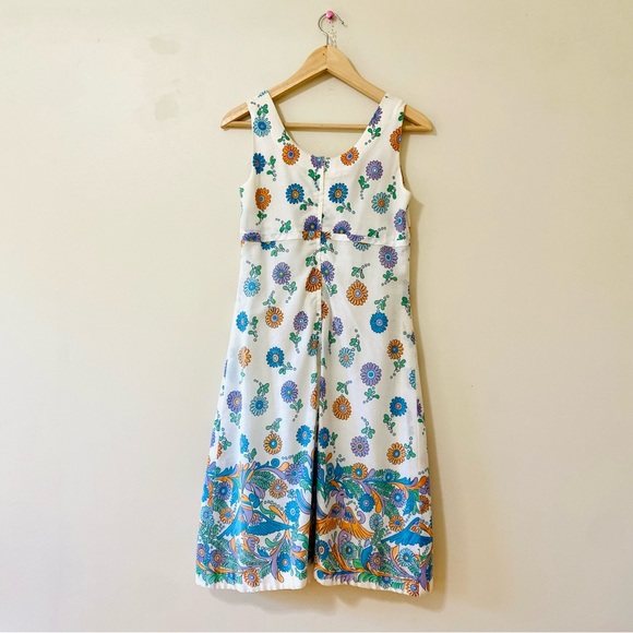 Vintage 60s Dress Retro Flower Power Hippie Bird Sleeveless A-Line Empire Waist - Picture 5 of 8